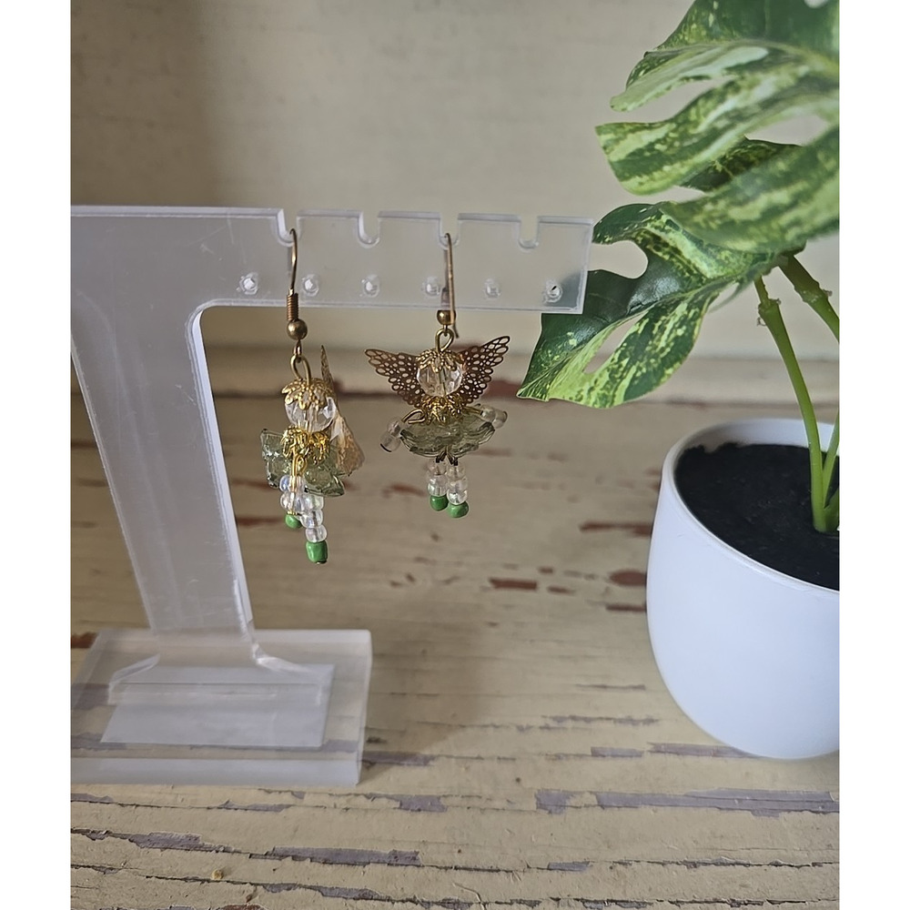 Vintage Whimsical Fairy Angel Dangle Earrings Gold Tone Beaded Wings Boho‎ Chic